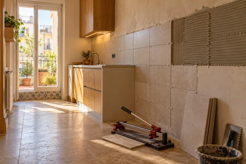 Visualización conceptual IA: Colocación de azulejos con separadores y adhesivo sobre una pared de cocina.