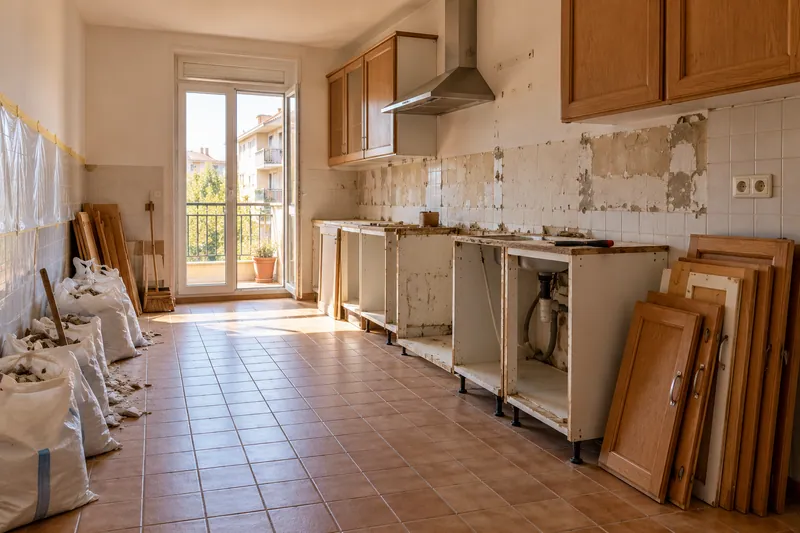 Visualización conceptual IA: Retirada de muebles y revestimientos al comienzo de una reforma de cocina.