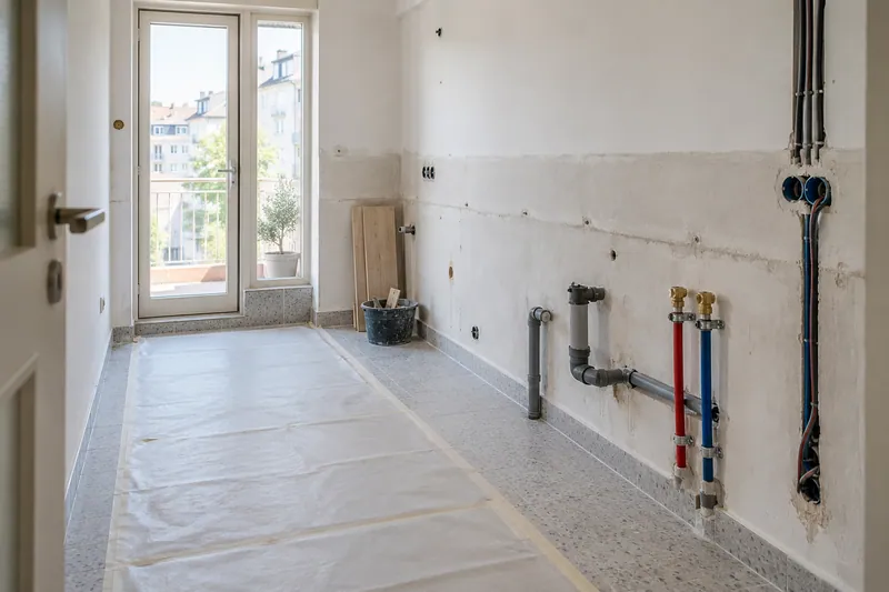 Visualización conceptual IA: Tuberías de suministro y desagüe durante la renovación de una cocina.